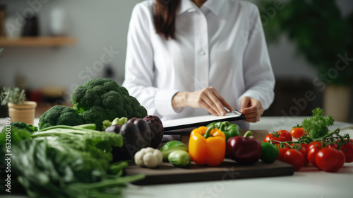 Woman prescribes herself a diet plan with vegetables spread out on the kitchen table.