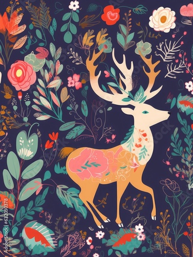 Beautiful creative pattern with flowers, leaves and deer, Generative AI