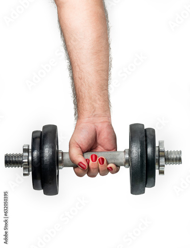 Male hand with red painted fingernails holding black dumbbell, isolated on white background 