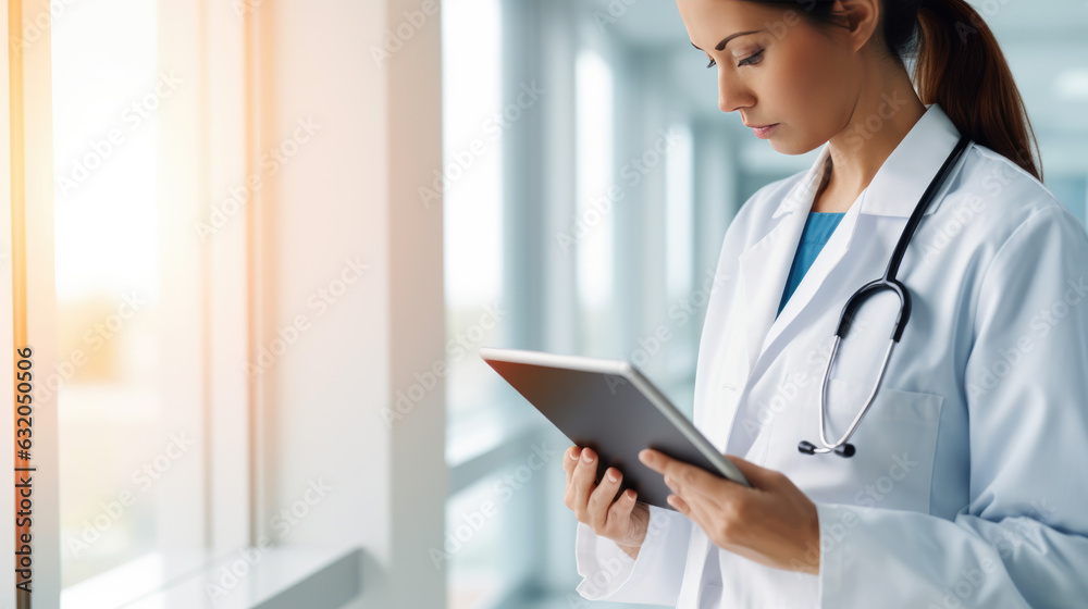 Female doctor using tablet on blurred hospital background. Created with Generative AI technology. Female doctor using tablet on blurred hospital background. Created with Generative AI technology.