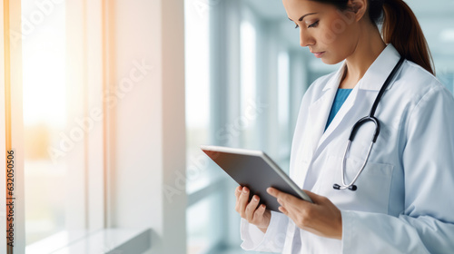 Female doctor using tablet on blurred hospital background. Created with Generative AI technology.