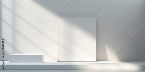 Abstract empty white podium on white background with shadow. Mock up stand for product presentation. Minimal concept. Display product  generative ai