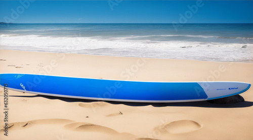 A blue strip surfboard standing in a sand on the beach. Generative AI.
