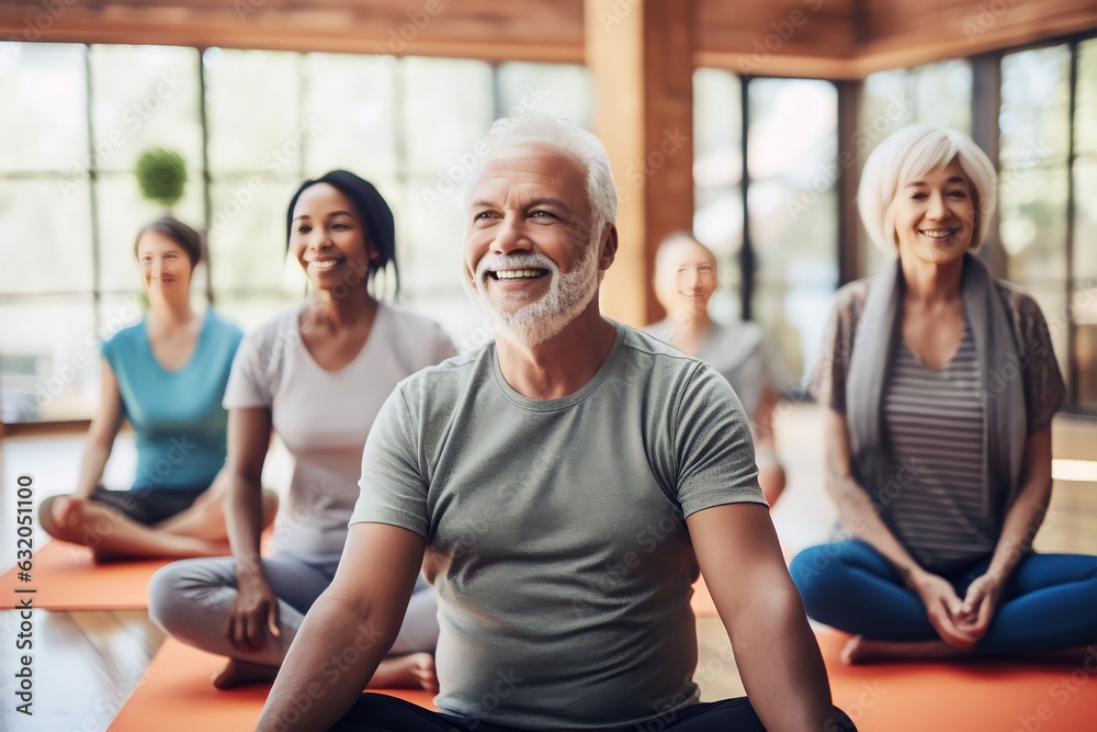 A group of diverse old people doing yoga in a yoga class at a retreat center A group of diverse old people doing yoga in a yoga class at a retreat center