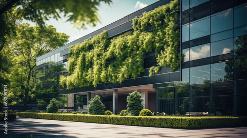 Green eco-friendly building with plants and trees. Created with Generative AI technology.