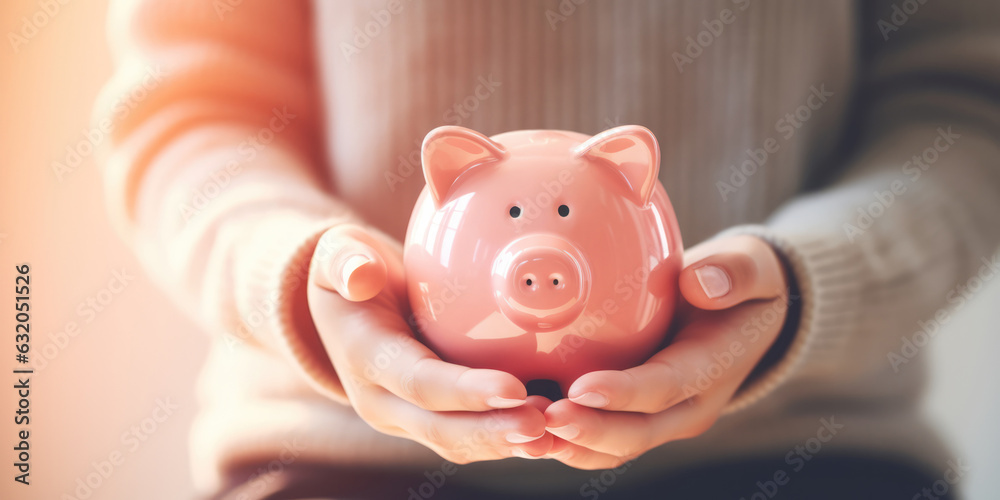 Woman hand holding piggy bank on wood table. Save money and financial investment, generative ai - obrazy, fototapety, plakaty 