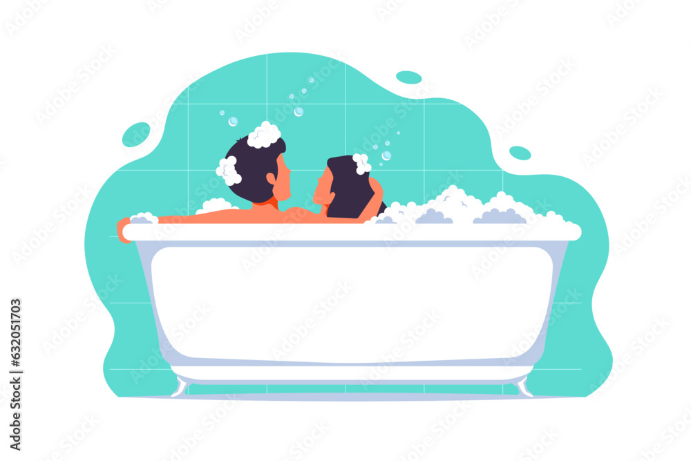 Side view, Couple human in bathtub on isolated background, Vector illustration. Side view, Couple human in bathtub on isolated background, Vector illustration.