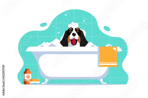 Dog smile happy shower, Bubbles over dog in bathtub with fabric, soap on isolated background, Vector illustration.