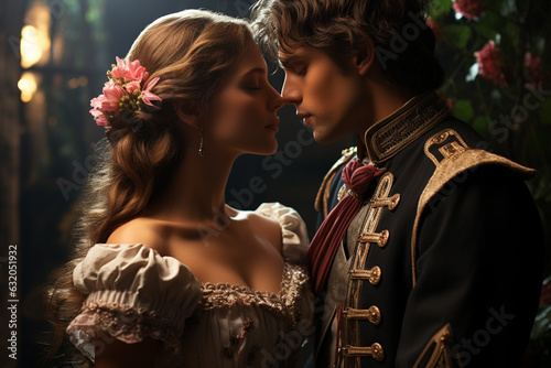 prince and princess share a tender embrace and heartfelt kiss in castle, fairy tale characters photo