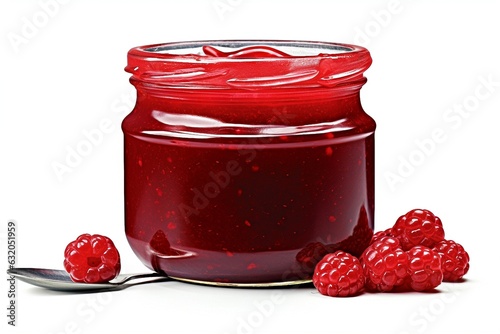 Glass jar of jam is isolated on white background.