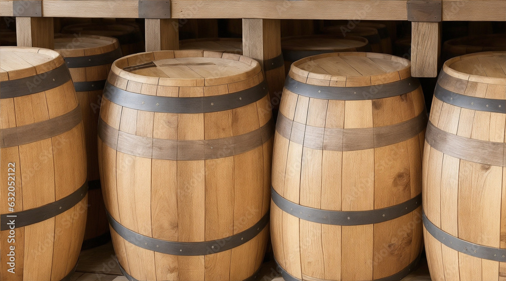 Wooden oak port barrels in neat rows closeup. Generative AI. Wooden oak port barrels in neat rows closeup. Generative AI.