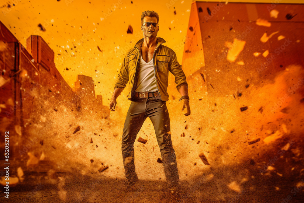 Obraz premium 1980s action movie blockbusters, this iconic scene features a larger-than-life superhero confidently walking away from an exposition