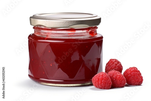 Glass jar of jam is isolated on white background.