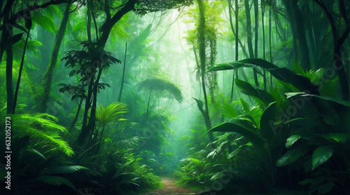 Fototapeta Naklejka Na Ścianę i Meble -  Jungle background rain forest nature scene futuristic. Generative AI.