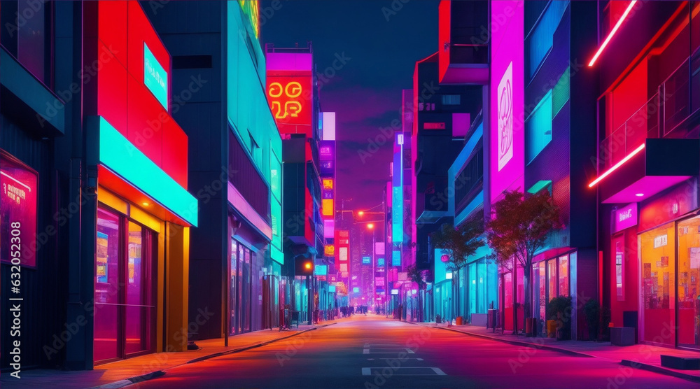 Vibrant colors illuminate modern city street backdrop. Generative AI.