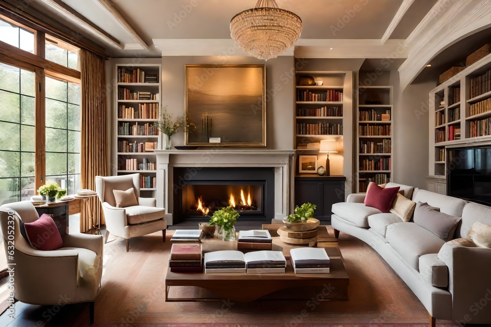 modern library room with fireplace