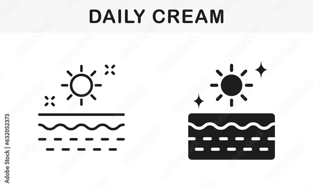 Daily Skincare.Sunscreen, Sun Block Cream Symbol Collection. Day Cream Line and Silhouette Black Icon Set. Daily Cream, Foam, Gel, Mousse, Soap Pictogram. Isolated Vector Illustration