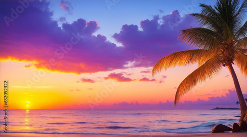 Beautiful sunset on the ocean shore with palm trees rest on the island. Generative AI.