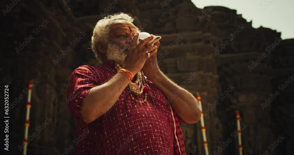 Authentic Shot of An Indian Senior Monk Blowing a Conch Shell in an Ancient Stone Temple. Elderly Man Performing Sacred Ritual on a Worship Day. Hinduism, South Asian Religion and Cultural Footage