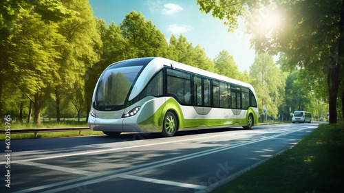 Moyen de transport écologique, bus vert, arbres vert. photo