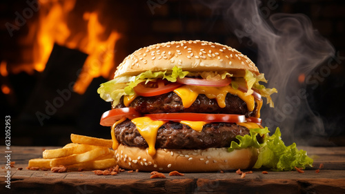 Délicieux double Hamburger pour vos présentations de produits. Arrière-plan feu et fumée. Délicieux, chef d'œuvre, impactant.