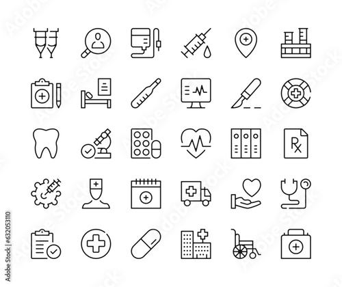 Hospital icons. Vector line icons set. Medicine, healthcare, medical concepts. Black outline stroke symbols