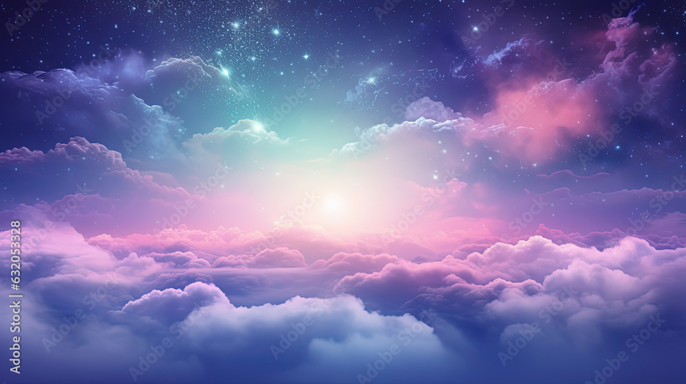  Pink and purple watercolor space, colorful clouds and stars, stars glow. AI generated