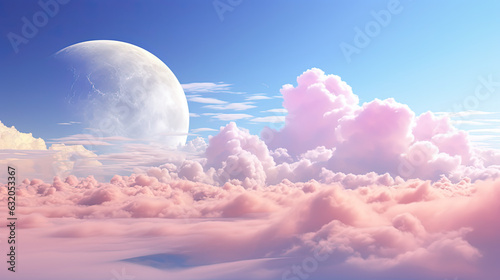 Blue sky and pink clouds with moon, sky air space. AI generated