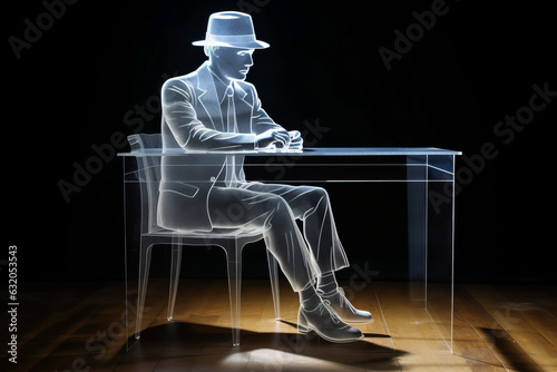 Provocative image of an invisible man, garbed only in clothes and hat, engagingly seated at his desk. Generative AI