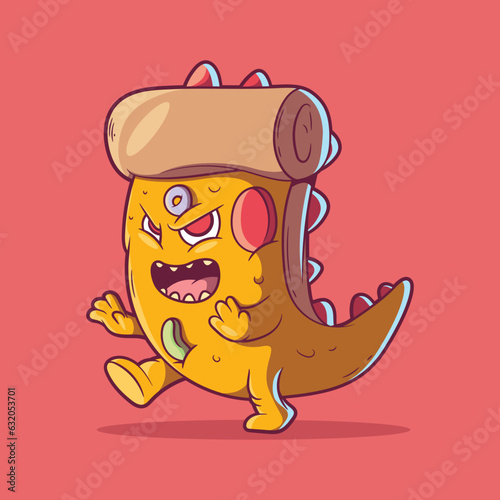Scary Monster pizza character vector illustration. Funny, food, brand design concept.