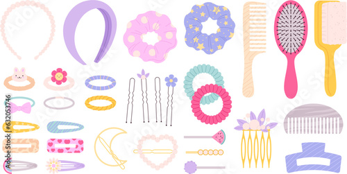 Barrette and hairpins set, hair slide fashion clipart. Pin girl accessories, stylist hairdressing equipment and clips. Female headband racy vector clipart