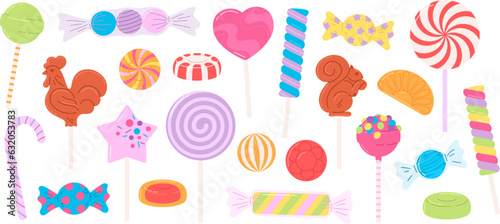 Cartoon sweets, lollipop and fruit candies. Sugar candy, holiday children presents. Confectionery, caramel and chewing gums. Racy vector clipart