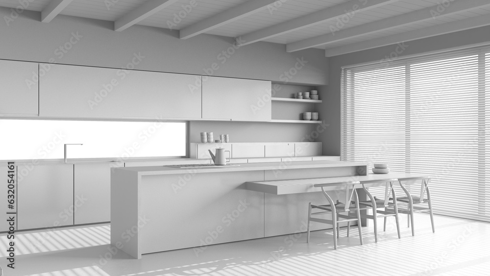 Total white project draft, wooden japandi kitchen with resin floor and beams ceilings. Cabinets and dining island with stools. Minimal architecture interior design