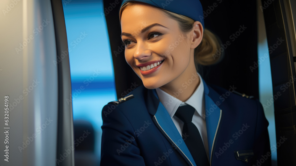 Portrait of a stewardess against the background of an airplane cabin. Portrait of a stewardess against the background of an airplane cabin.