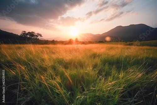 Meadow Sunset panorama View: Serene Nature Landscape Colorful Sky. Wide Countryside rye wheat field in the summer on cloudy sky background. World environment day concept: Green energy carbon credit.