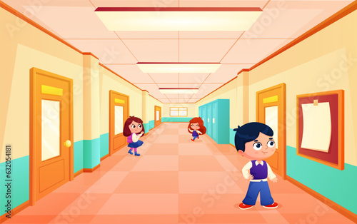 Students in school hallway. Locks in corridor, little pupils go to study and welcome friends. Cartoon children in college hall, nowaday vector scene