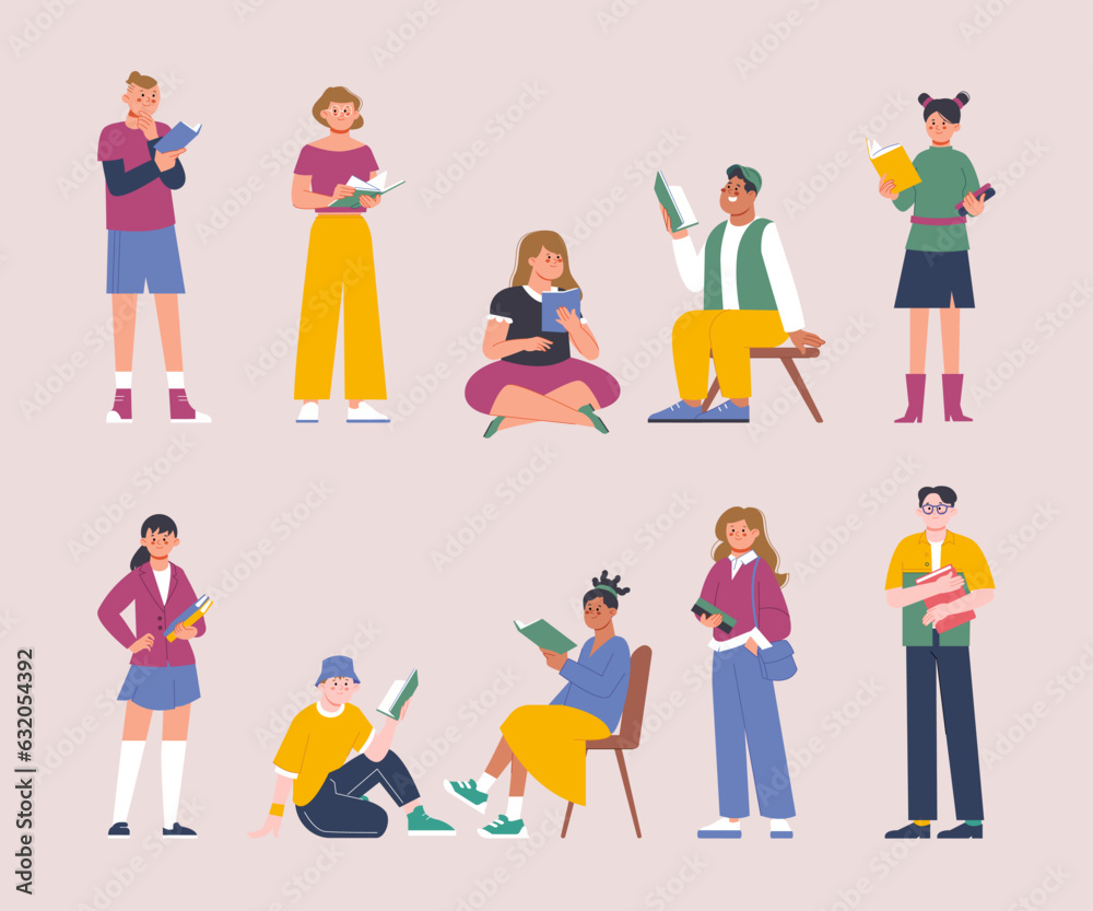 Students holding textbooks. Teen boys reading books, cartoon young adults in college or university. Teenager read book, casual splendid vector characters