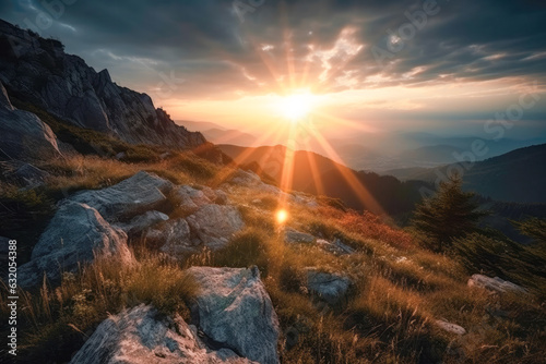 Meadow Sunset panorama View: Serene Nature Landscape Colorful Sky. Wide Countryside rye wheat field in the summer on cloudy sky background. World environment day concept: Green energy carbon credit.