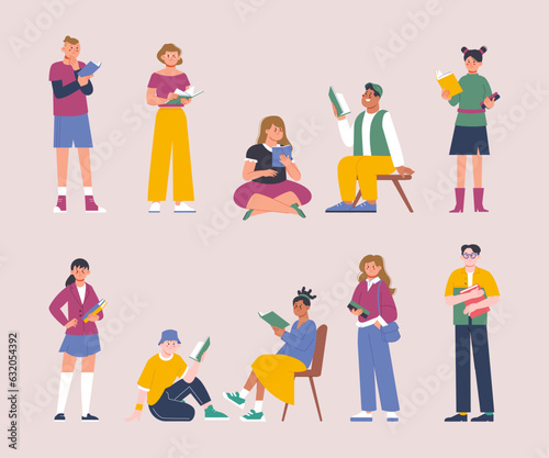 Students holding textbooks. Teen boys reading books  cartoon young adults in college or university. Teenager read book  casual splendid vector characters