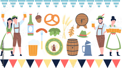 Oktoberfest elements. Munich beer celebration or party with sausages and drinks. German festival, flat bavarian decorations recent vector set