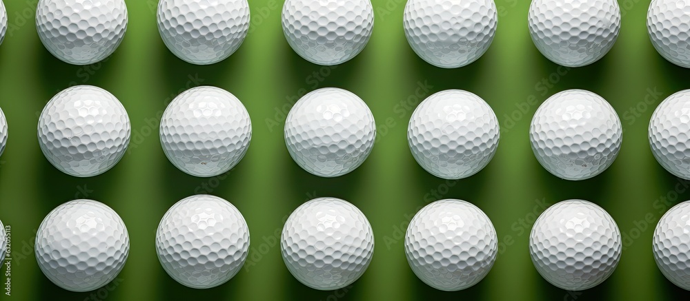 A green background with a group of golf balls and a tee is displayed from a top view, providing ample space for copying. A green background with a group of golf balls and a tee is displayed from a top view, providing ample space for copying.