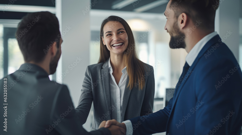 A group of businessmen and a businesswoman shake hands during an office meeting. Created with Generative AI technology. A group of businessmen and a businesswoman shake hands during an office meeting. Created with Generative AI technology.