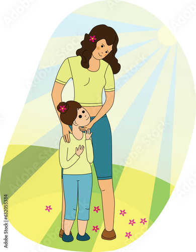 little girl with her mother in the sun in a meadow with flowers