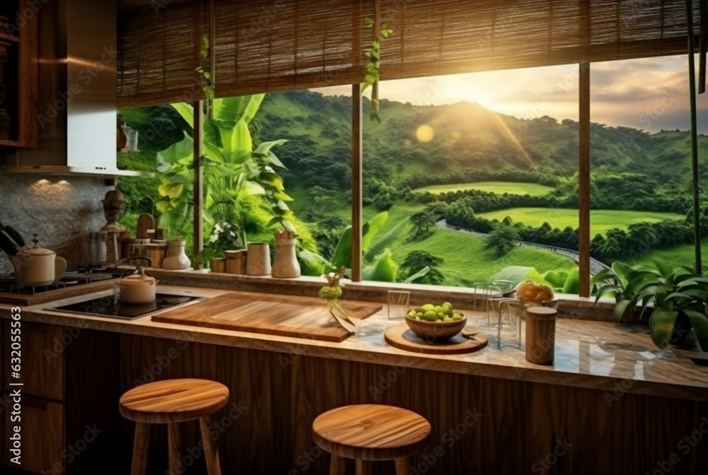 Fototapeta premium Luxurious kitchen with wood design and natural view. generative ai