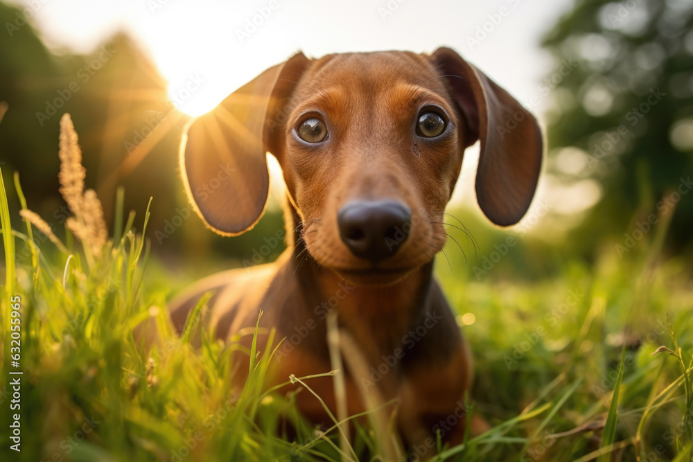 A medium shot of a small tan dachshund its back legs planted firmly in the grass as its eyes gaze eagerly upwards.
