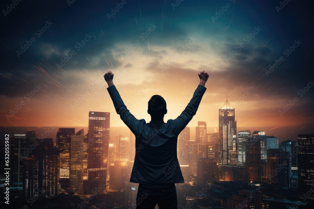 A blurred background of a city skyline with a man silhouetted his face upturned to the sky with his arms outstretched in celebration A blurred background of a city skyline with a man silhouetted his face upturned to the sky with his arms outstretched in celebration