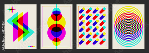 Brutalist modern poster set. Bauhaus poster template. Trendy geometric shapes with riso print effect. Minimal Abstract Circles Composition Design Template. 