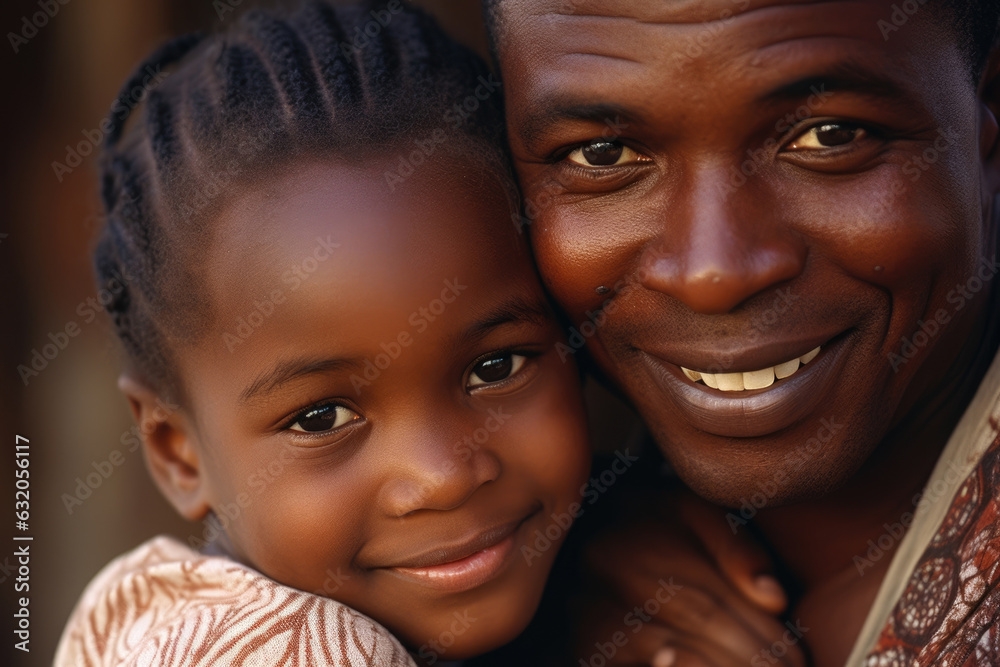 A closeup portrait of an African man smiling warmly with a hand gently resting on the shoulder of a young girl standing beside him