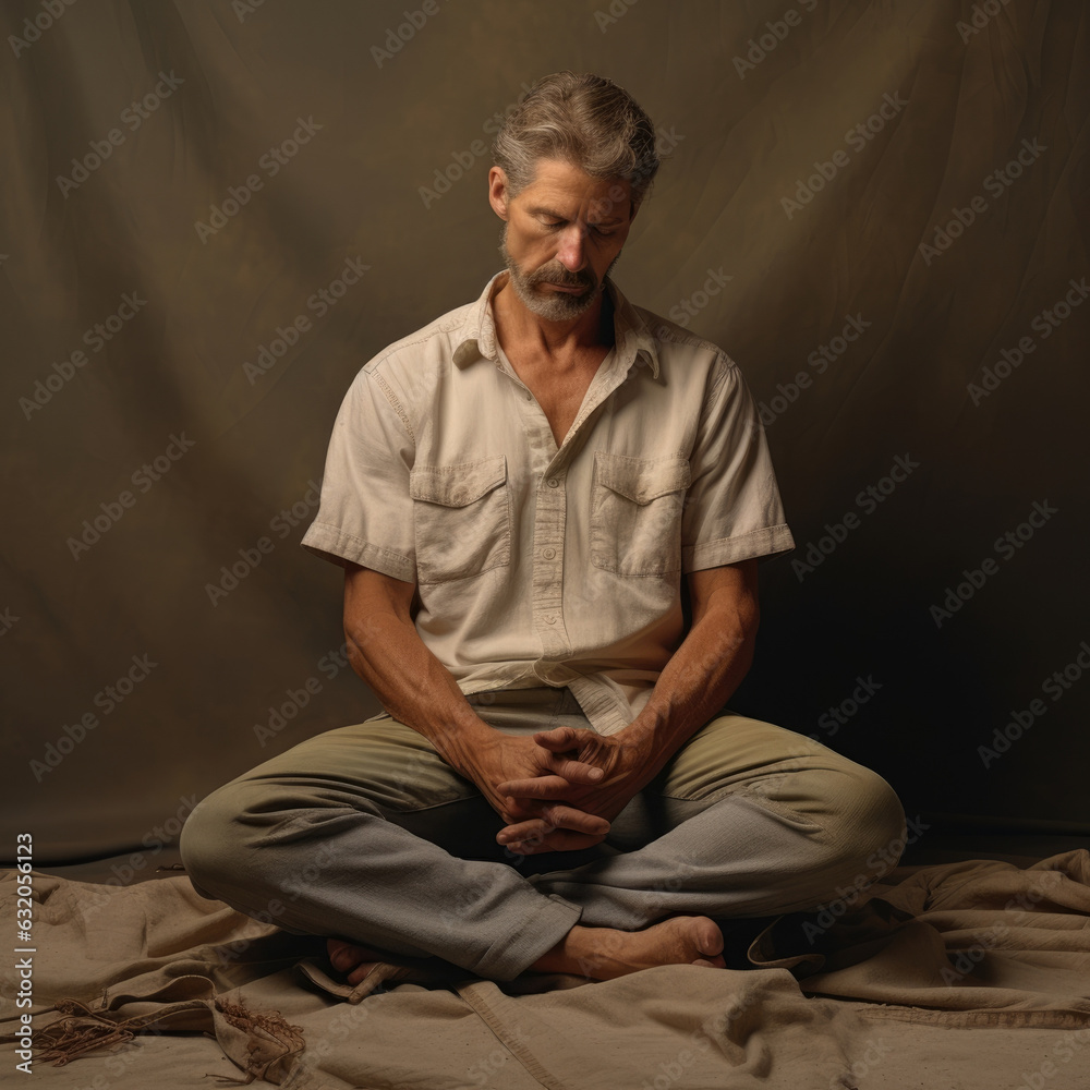 A man sitting with his legs crossed in a meditative posture eyes closed and forehead crinkled in contemplation.