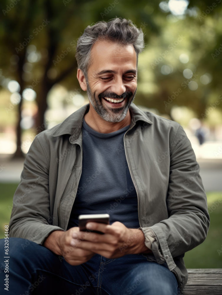 A middleaged man is sitting in a park scrolling through his smartphone with a carefree expression on his face. A middleaged man is sitting in a park scrolling through his smartphone with a carefree expression on his face.